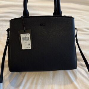 DKNY Black Structured Saffiano Satchel with Detachable Strap